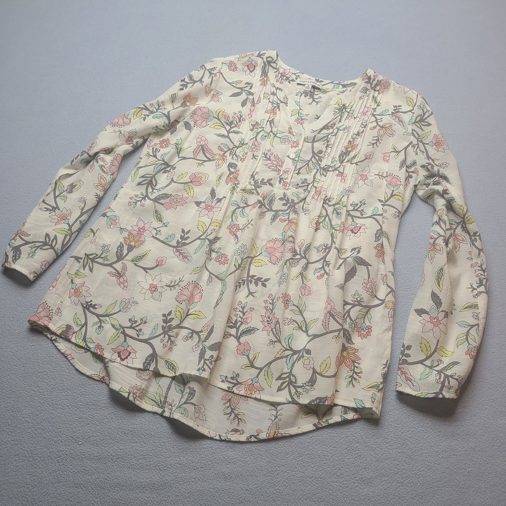 Notations Floral Blouse Womens Medium Ivory Excellent Pintuck Long Sleeve Top